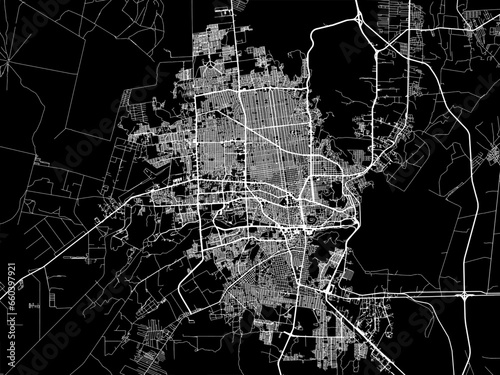 Vector road map of the city of  Hermosillo in Mexico with white roads on a black background.