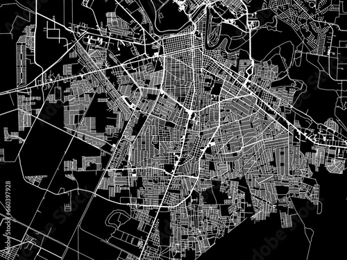 Vector road map of the city of  Heroica Matamoros in Mexico with white roads on a black background.