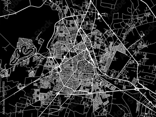 Vector road map of the city of  Irapuato in Mexico with white roads on a black background.