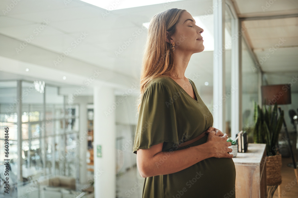 Woman, relax or pregnant stomach in office break in breathing meditation in company workplace. Belly, calm employee or mom in pregnancy in career, work and job with peace, affection and care for baby Woman, relax or pregnant stomach in office break in breathing meditation in company workplace. Belly, calm employee or mom in pregnancy in career, work and job with peace, affection and care for baby