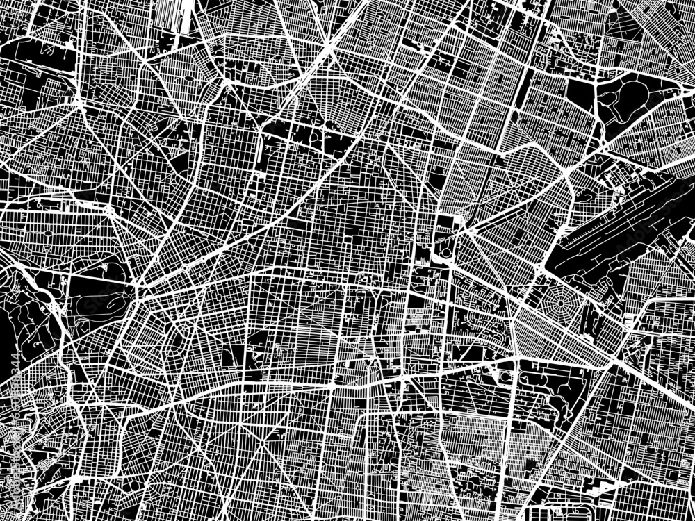 Vector road map of the city of  Mexico City in Mexico with white roads on a black background.