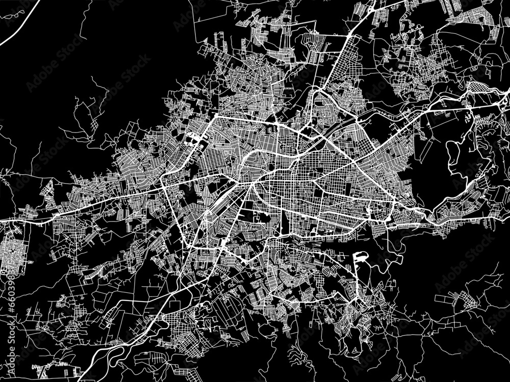 Vector road map of the city of  Morelia in Mexico with white roads on a black background.