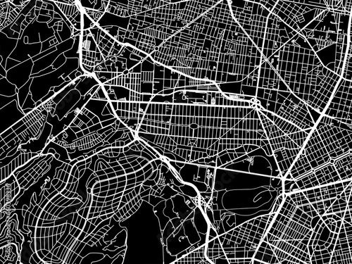 Vector road map of the city of Miguel Hidalgo in Mexico with white roads on a black background.