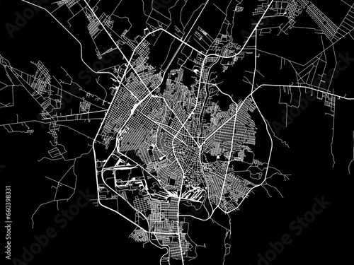 Vector road map of the city of  Monclova in Mexico with white roads on a black background.