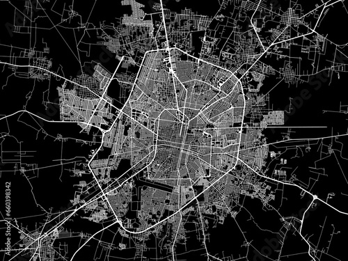 Vector road map of the city of  Merida in Mexico with white roads on a black background.