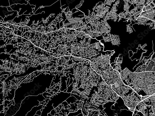 Vector road map of the city of  Nicolas Romero in Mexico with white roads on a black background.