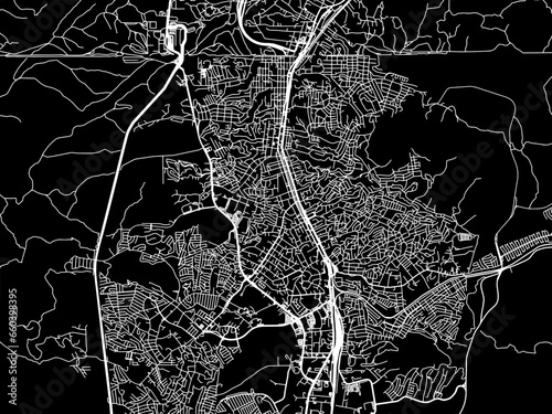 Vector road map of the city of  Nogales in Mexico with white roads on a black background.