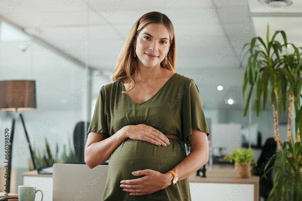 Portrait, stomach and a pregnant business woman in her office at the start of her maternity leave from work. Company, belly and pregnancy with a happy young employee in the workplace for motherhood - obrazy, fototapety, plakaty 