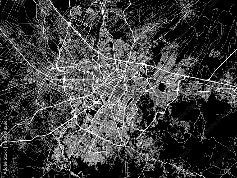 Vector road map of the city of  Puebla in Mexico with white roads on a black background. - obrazy, fototapety, plakaty 