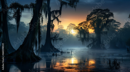 An eerie fog-covered swamp at night, stagnant water, with ancient trees with moss-draped branches. © Chrysos