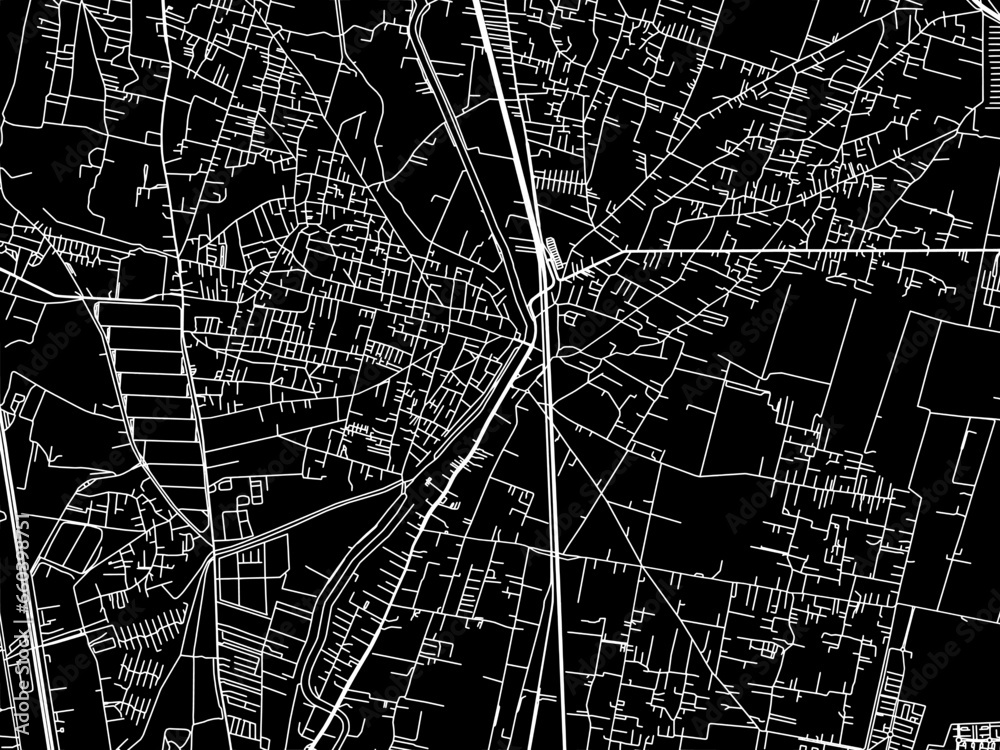 Vector road map of the city of  Teoloyucan in Mexico with white roads on a black background.