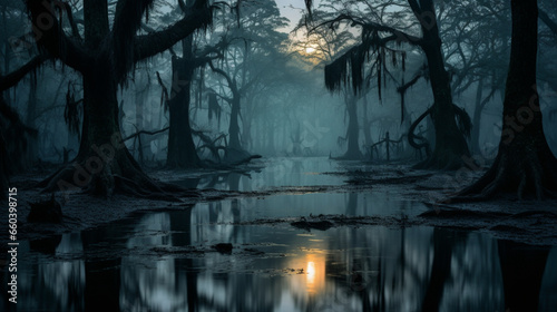 An eerie fog-covered swamp at night, stagnant water, with ancient trees with moss-draped branches. photo