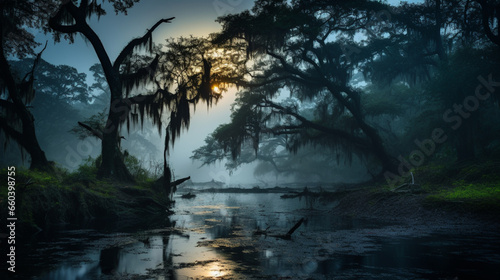 An eerie fog-covered swamp at night  stagnant water  with ancient trees with moss-draped branches.