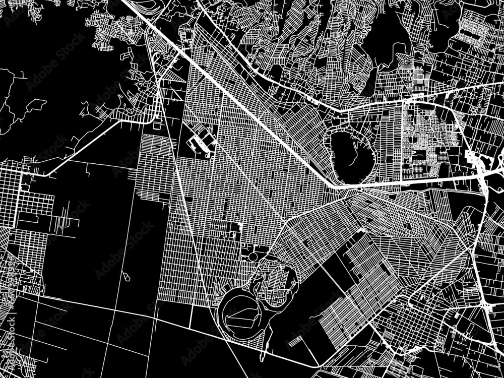 Vector road map of the city of  Xico in Mexico with white roads on a black background.