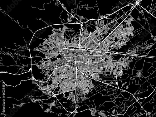 Vector road map of the city of  Victoria de Durango in Mexico with white roads on a black background.