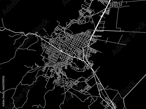 Vector road map of the city of Zacapu in Mexico with white roads on a black background.