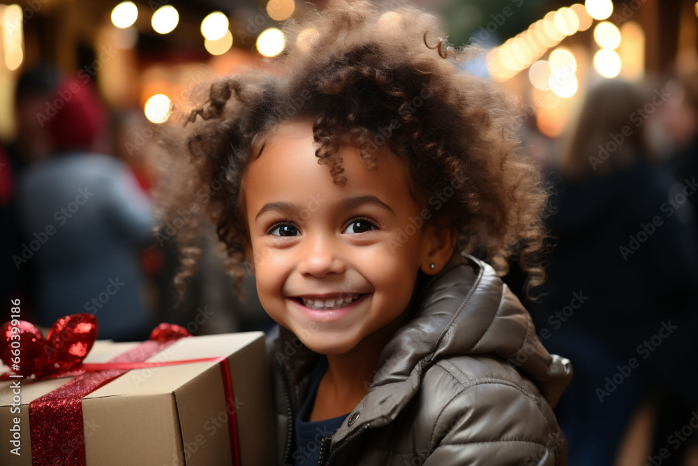 Happy children on street with Christmas presents in their hands. Gifts for charity, donation and outreach. Copy space. Happy children on street with Christmas presents in their hands. Gifts for charity, donation and outreach. Copy space.