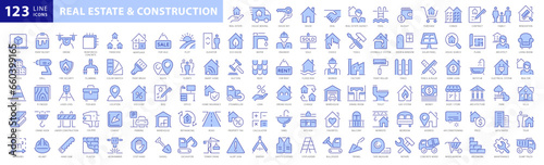Real Estate and Construction Blue Thin Line icons set. Real Estate and Building Coloured outline Style icons. House Sale and Purchase, Builder, Renovation, Rent, Contract, Realtor. Vector Illustration