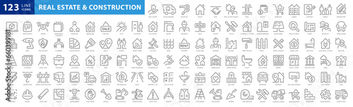 Real Estate and Construction Thin Line icons set. Real Estate and Building outline Style icons. House Sale and Purchase, Builder, Renovation, Rent, Contract, Realtor, Agency. Full Vector Illustration