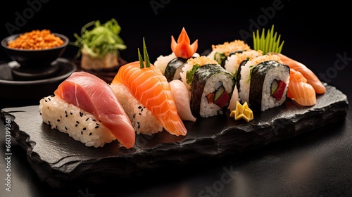 Close up photography of a sushi on a slate plate. Food photography photo