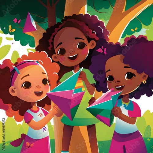 three sixyearold African American girls are in a park surrounded by trees appearing happy and having fun They are seen putting pieces together to create their own kites cartoon  photo