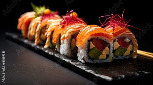 Close up photography of a sushi on a slate plate. Food photography