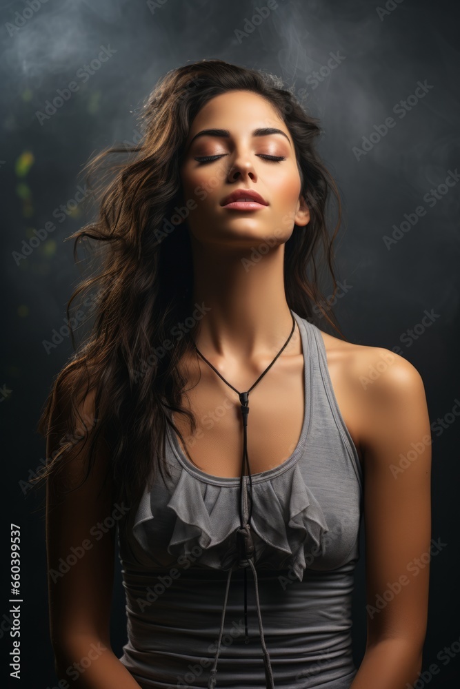 Fototapeta premium Young woman in a yoga class, teaching deep breathing techniques for relaxation, Generative AI