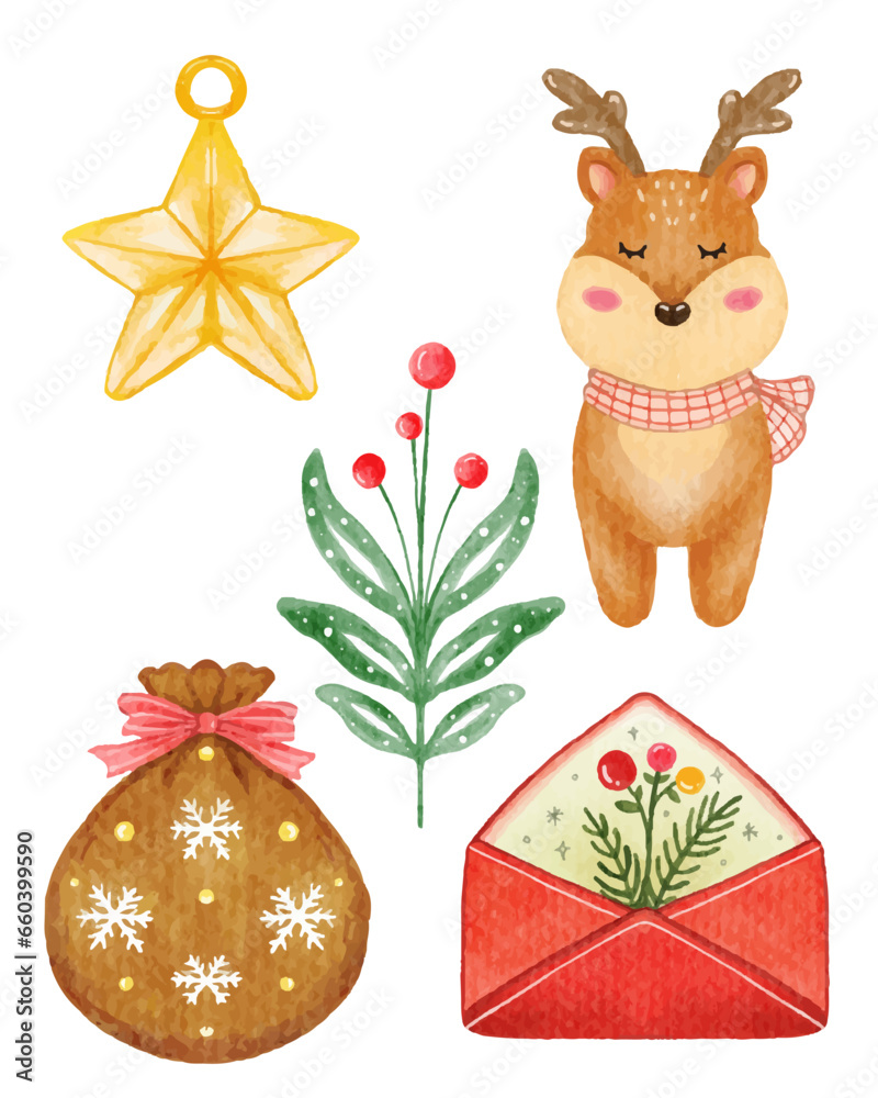 Fototapeta premium Watercolor cute set with Christmas elements isolated on white background.watercolor holiday design vector illustration.