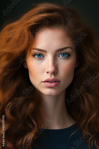 Woman with long red hair and blue eyes is looking at the camera.