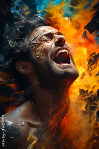 Man with his mouth open and fire in the background.