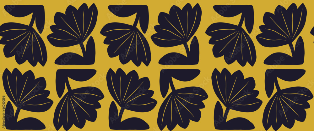 Modern hand drawn black flowers ornament seamless pattern Abstract trendy print