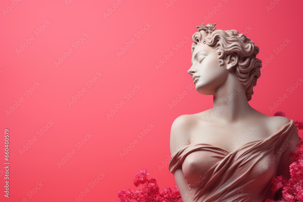 Marble statue head of young woman on a pink background