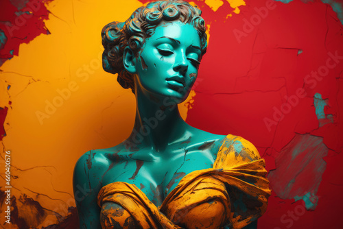 Marble statue of a young woman painted in bright colors