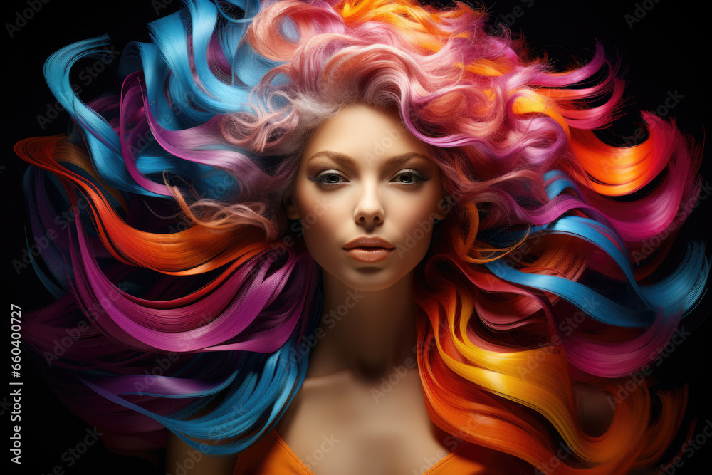 Beauty fashion model woman with colorful dyed hair, hair coloring concept