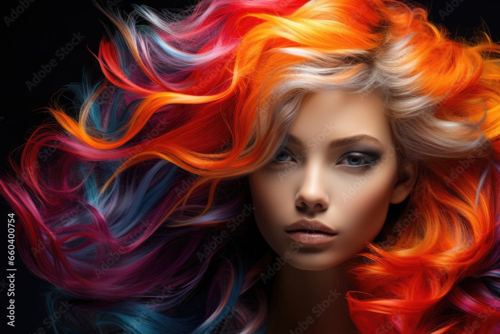 Beauty fashion portrait of a woman with rainbow-dyed hair