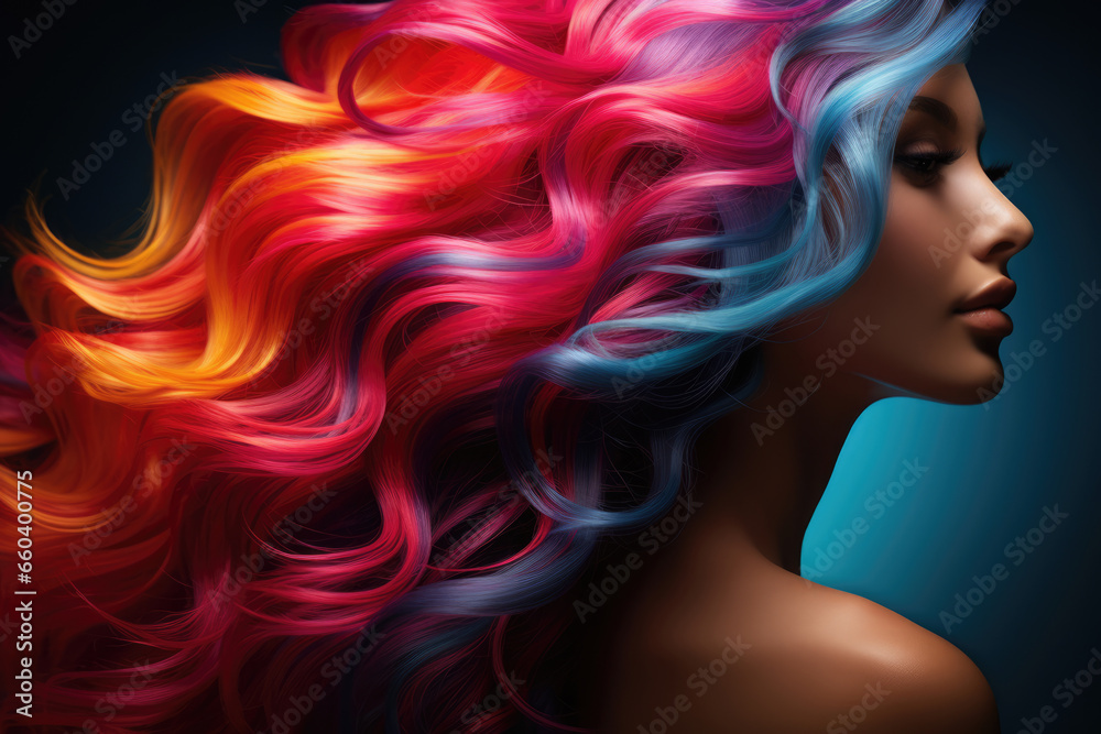 Beauty fashion portrait of a woman with rainbow-dyed hair