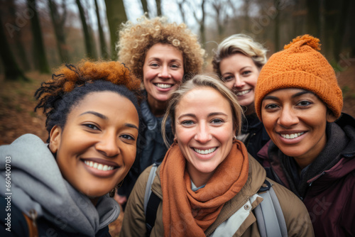 Multiracial multi ethnic group of smiling satisfied women selfie photo