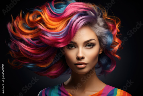 Beauty fashion model woman with colorful dyed hair, hair coloring concept