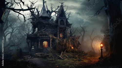 haunted house in the night with . scary horror scene for festive Halloween decoration