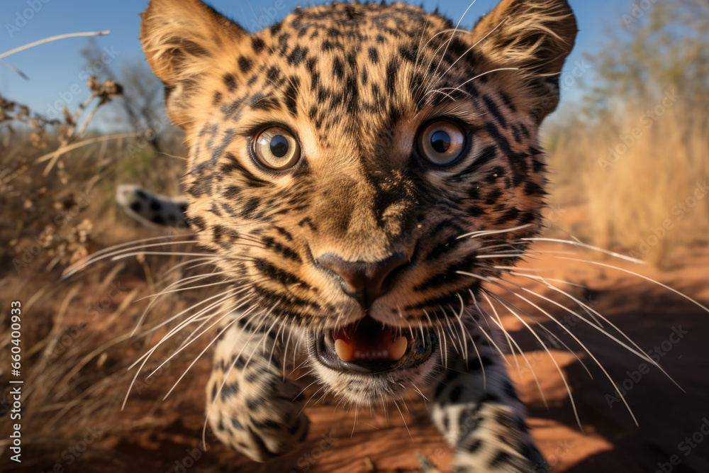 Naklejka premium Young funny running leopard, predator on the hunt