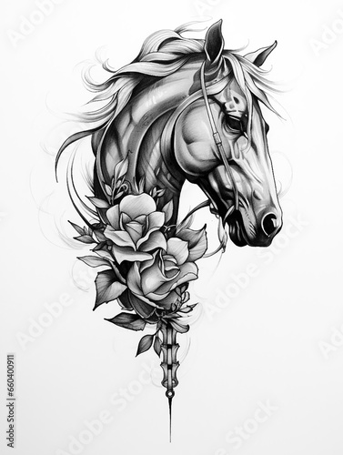 Horse wild prairie mustang Death Halloween Holiday Roses Flowers Tattoo Print Stamp