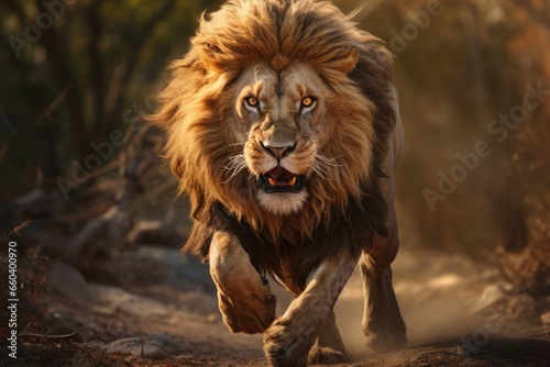 Running angry lion hunting his prey © Michael
