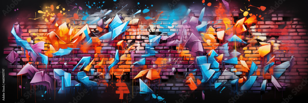 Colorful abstract graffiti on a city wall, street art. Horizontal banner - obrazy, fototapety, plakaty 