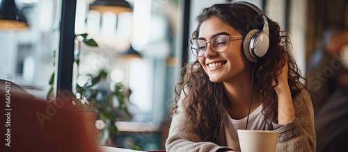 Teenage girl wearing glasses listening to audiobook with headphones and enjoying music at coffee shop while studying With copyspace for text photo