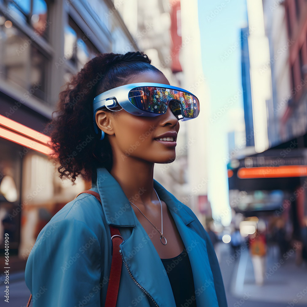 Confident Businesswoman in AR Glasses in Vibrant Metaverse Cityscape