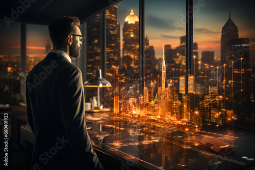 Businessman looking at the graph of city a symbol on virtual screen background, REIT concept