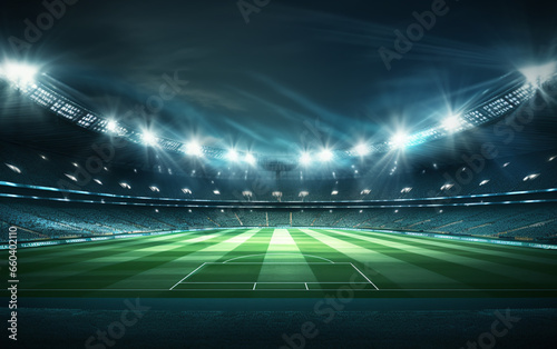 A soccer stadium  illuminated by powerful floodlights and bathed in beams of light  comes alive under the night sky.