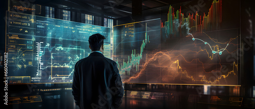 Trader analyzing stock and cryptocurrency values on digital screen