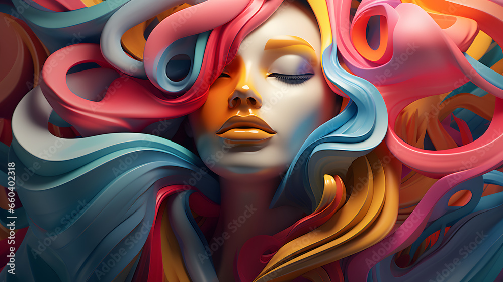 Illustrate a visually striking 3D digital composition, where abstract shapes and colors converge to create a sense of depth and intrigue. Emphasize the high level of detail and complexity.