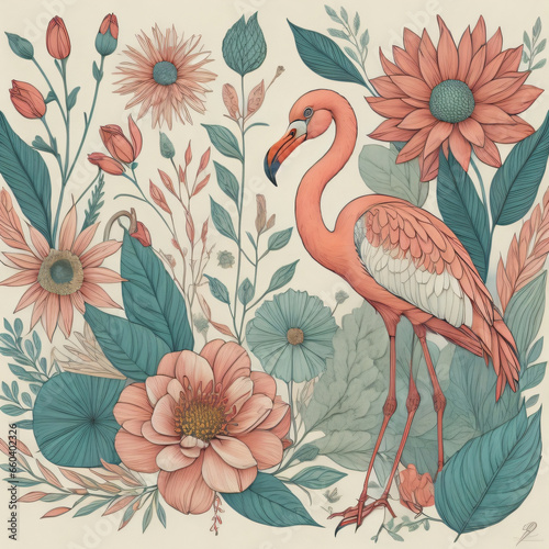 seamless pattern with flowers, Flamingo, Floral